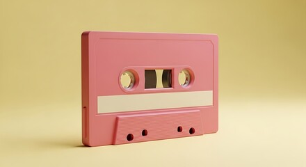 Fototapeta premium Pink cassette tape on a yellow background, a retro audio recording device, vintage music.