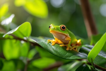 Illuminated Papuan Tree Frog Perched on Leaf in Sunlight Amid Lush Greenery
