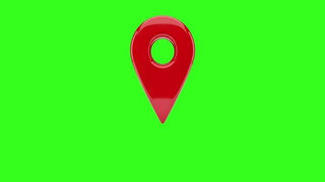 3d red location marker animation on green screen background for navigation and map concept