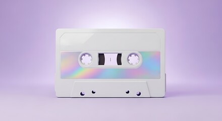 Obraz premium Retro White Cassette Tape with Holographic Rainbow Effect on a Purple Background.