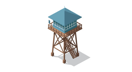wooden observation tower with blue roof isometric illustration modern architectural structure