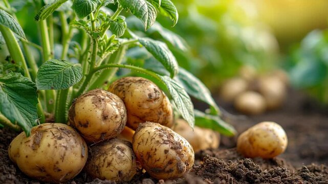 Pile of ripe potatoes on ground in field. Potato plants with tubers in soil. Yellow potato close-up top view. Fresh dirty organic potatoes harvest. Freshly harvested potatoes food farm. Agriculture