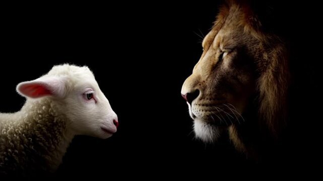 Lion facing lamb in dark background symbolic contrast concept. Predator and prey peaceful encounter spiritual metaphor. Strength and innocence duality courage protection faith message dramatic low key
