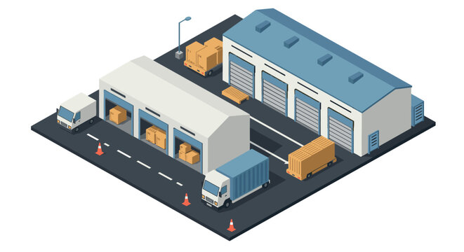 isometric warehouse and distribution center with delivery trucks and cargo boxes in flat design
