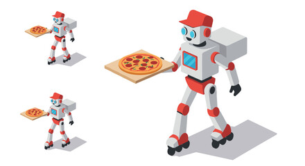 Naklejka premium isometric robot delivery with roller skates holding a pizza box in hand modern design