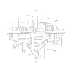 Fototapeta premium Futuristic cityscape with abstract architecture and technological symbols in a digital illustration