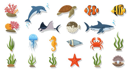 A colorful collection of cartoon sea life illustrations including fish a dolphin a shark a turtle and coral reefs. © Berkah