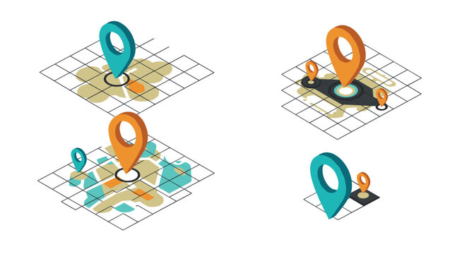 isometric 3d location map pins set with grid overlay for navigation and gps concept