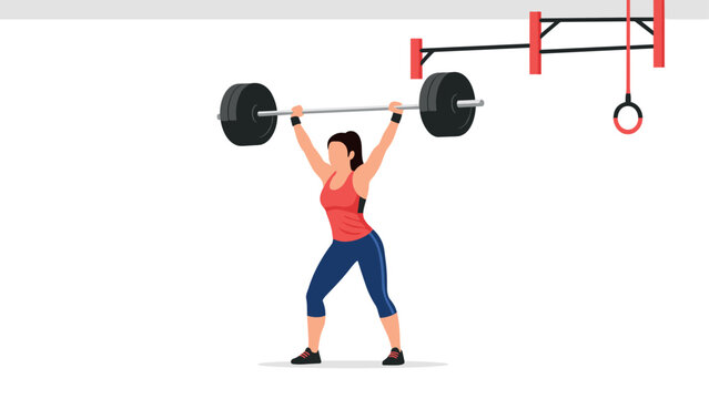 woman lifting heavy barbell weight with gymnastic rings and pull-up bars in fitness gym interior flat style