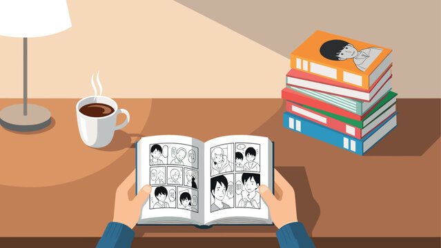 person reading manga comic book at desk with stack of colorful books and coffee cup minimalist flat style