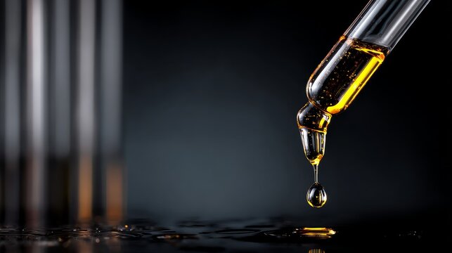 Liquid drips into a test tube against a dark background during a lab test.