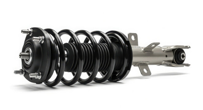 New Car Suspension Strut Assembly with Coil Spring and Mounting Hardware on White Background for Vehicle Repair