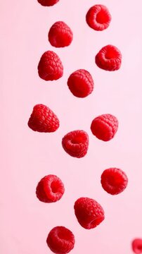 Fresh red raspberries falling in mid-air against a soft pink background