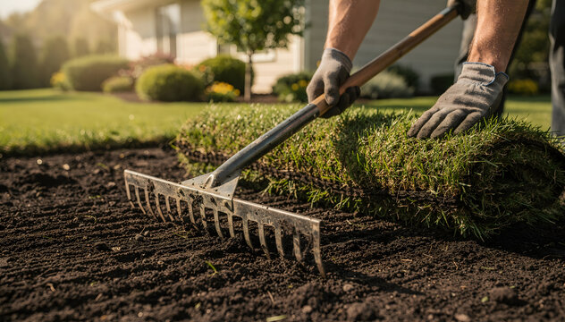 Close-up of a person prepare soil and lay fresh green turf rolls for a new lawn. The hand-held rake smooths the dark earth, emphasizing home garden work