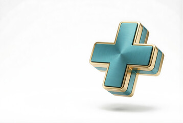 Obraz premium Tilted 3D metallic medical cross icon teal gold premium healthcare symbol isolated white