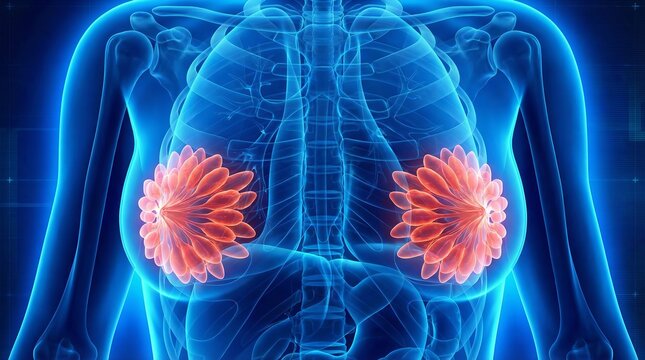 Detailed 3D depiction of red female mammary glands, on blue background