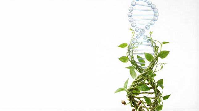 Close-up of DNA double helix morphing into botanical vine nature biotechnology concept white