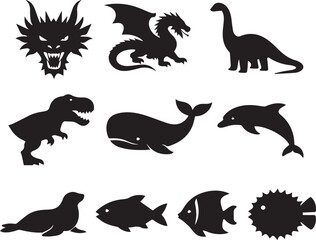 Diverse Animal & Mythical Creature Silhouettes Vector Pack: Dinosaurs, Dragons, Marine Life Icons for Design Projects, Wildlife, Fantasy, and Education © Sadek