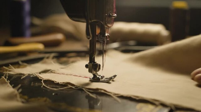 Close up view of vintage sewing machine needle stitching through fabric with red thread