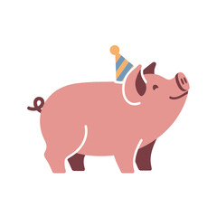 Obraz premium A cute pink cartoon pig wearing a striped party hat, smiling and looking up, celebrating a birthday or special occasion.