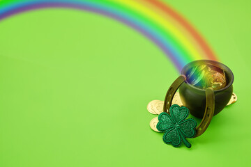 Fototapeta premium Pot of gold, rainbow, shamrock for st. Patrick's day luck