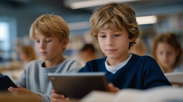 School classroom where front row students have tablets and resources while back row students share single textbook, perfect for educational wealth gap concept, money determines learning quality,