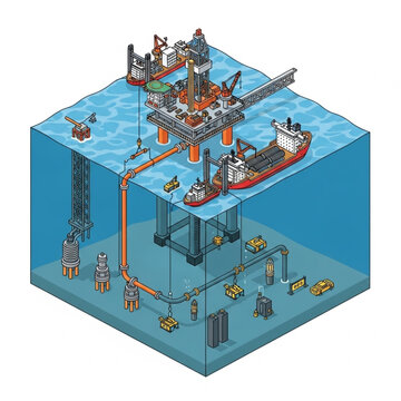 Offshore oil rig platform with underwater pipeline infrastructure.