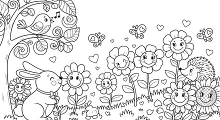 Smiling Rabbit Sniffing Flower in Colorful Garden with Happy Hedgehog and Sunflowers with flowers and hearts and tree in music notes whimsical for illustration © Asad