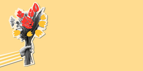 Spring floral horizontal banner template with halftone hand holding bouquet. Modern retro mixed media collage with vintage dot texture and doodle accents for posters, ads and seasonal design. © Loya.art