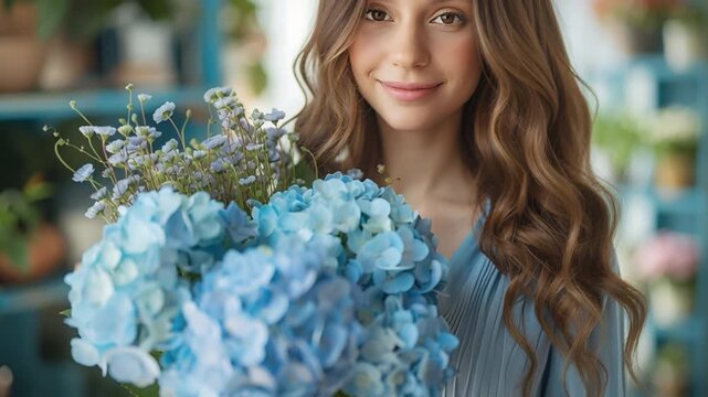 A florist with wavy locks beams as she showcases a stunning bouquet of vibrant blue hydrangeas in her cozy flower shop, proudly holding her beautiful floral arrangement for all to admire