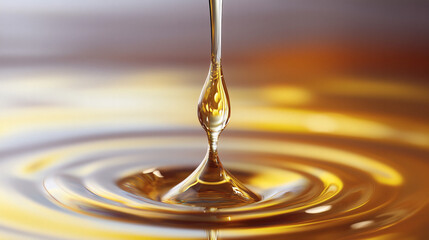 Golden liquid droplet falling into a pool creating ripples.