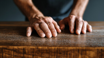 Craftsman hands touching and inspecting smooth solid wood table surface in workshop. Handmade furniture making, woodworking craftsmanship, artisan carpenter, premium quality concept.