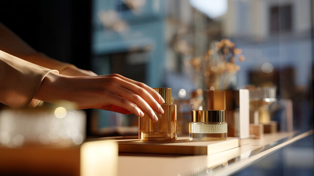Elegant hand arranging luxury gold perfume bottles on illuminated boutique shelf. Premium brand identity, creative retail styling, sophisticated store display concept.