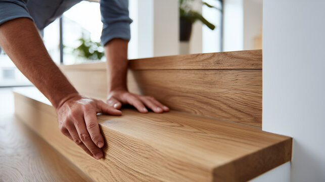 Craftsman hands fitting solid oak stair tread into place showing natural wood grain texture in bright modern interior. Premium joinery installation, staircase renovation, craftsmanship concept.