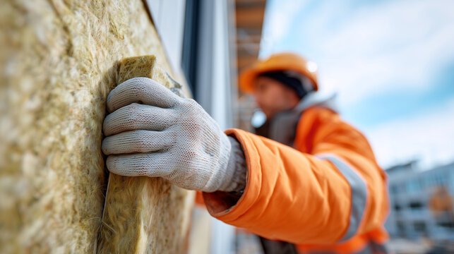 Worker in orange uniform and hardhat installing mineral wool insulation panel on building facade, close-up of gloved hands pressing rockwool during energy-efficient renovation.