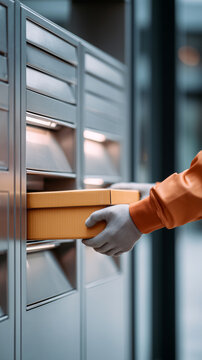 Courier in orange uniform placing cardboard parcel into automated pickup locker cell. Smart delivery system, self-service postal terminal, modern logistics, ecommerce shipping concept.