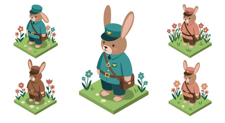 Fototapeta premium cute hand drawn bunny postman character set with blue and brown uniform standing on grassy floral patch isometric illustration
