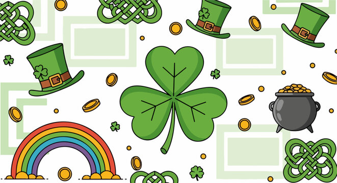 St Patrick's Day Pattern Background with Shamrocks, Leprechaun Hats, Pot of Gold, Rainbow, and Celtic Knots