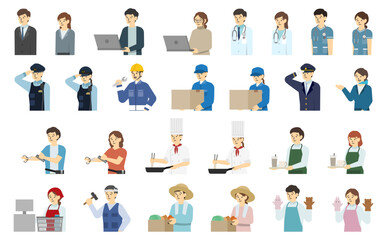 フラットイラスト：いろいろな職業の男女(上半身)