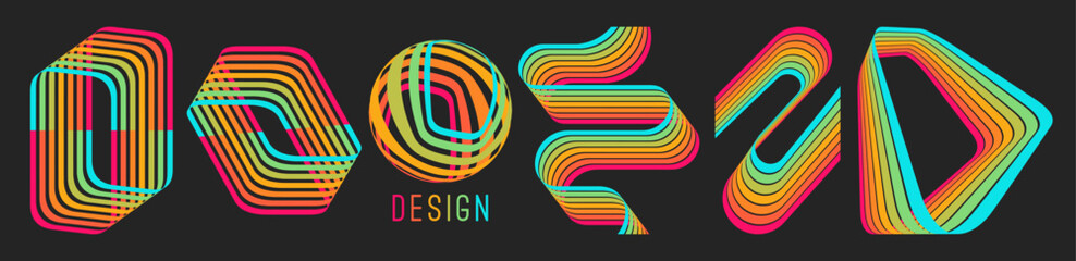 Obraz premium Impossible rectangular figure or optical illusion. A retro 1970s-style background. Wavy lines in perspective. Curved ribbons. Spherical object. Vector for brochure, poster, cover, presentation, etc.