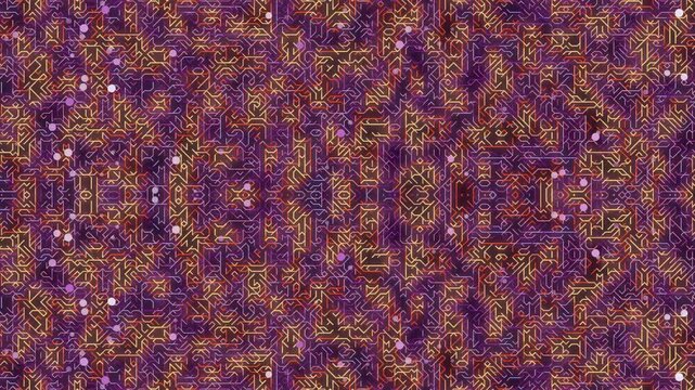 Intricate pattern featuring ornate designs, swirling motifs, and vibrant colors, creating a complex visual texture from a close-up viewpoint