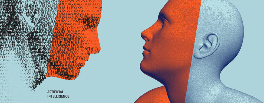 A face as a cascading digital code matrix opposite a stipple-style face. Concept of artificial intelligence, reading or copying data, mental communication. Visual contact. Telepathy. 3D vector.м