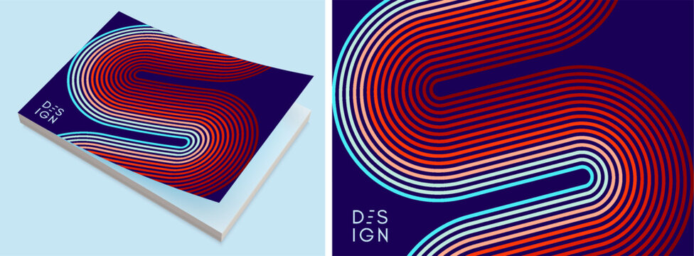 A retro 1970s-style background. Colored lines. Abstract, dynamic curved ribbons. A serpentine curve of a race track. Softcover book layout. Vector for brochure, planner, cover, notebook or notepad.