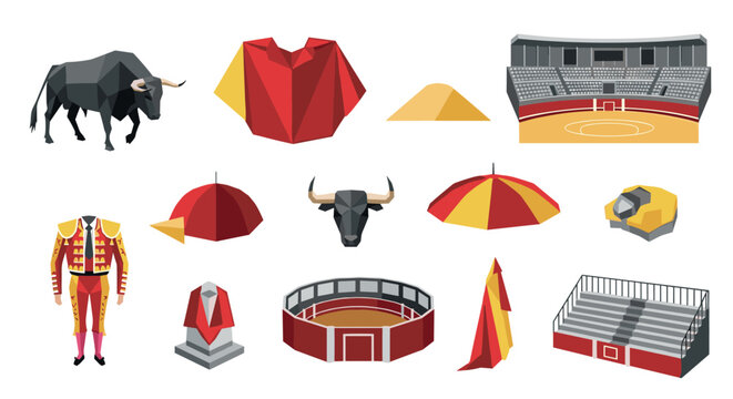 bullfighting elements set with bull, matador costume, arena, and traditional accessories in low poly style