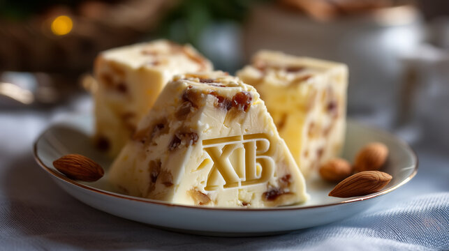 A close-up culinary stock photograph of a pyramid-shaped molded cheese Paska dessert, distinctively embossed with the Cyrillic letters "XB" and a cross. The creamy texture is studd