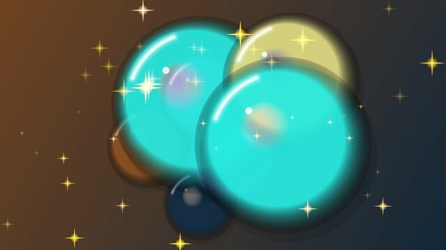Sparkling bubbles floating in a starry night sky with a gradient background, viewed from a close-up perspective