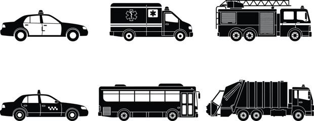 Emergency and public service vehicles silhouette set, police ambulance fire truck taxi bus garbage truck transport icon vector collection design © Its Marjia's World
