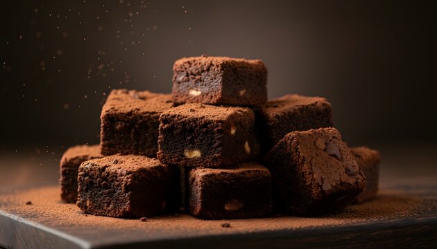 Brownie cubes dusted with cocoa powder, dark background