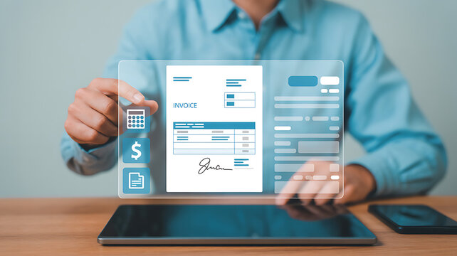 Business professional presenting digital invoice interface on tablet with online billing accounting payment processing and financial management system integration