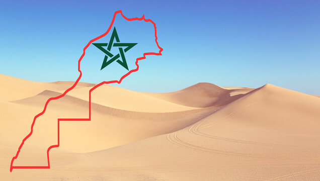 Complete Map of Morocco with Green Star on Sahara Desert Background.